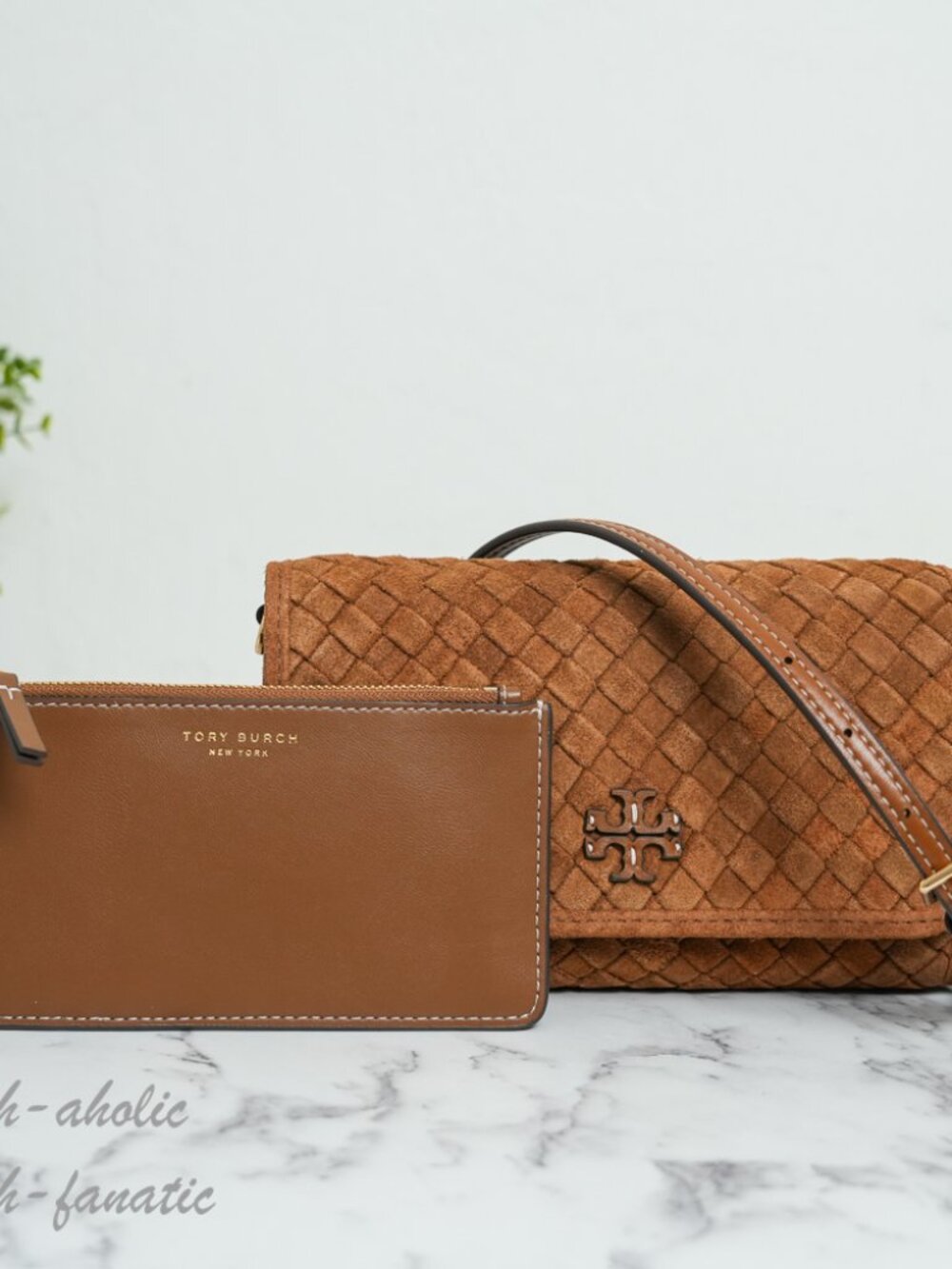Tory Burch Thea Woven Suede Flat Wallet Crossbody in Chicory Brown NWT - Picture 2 of 16